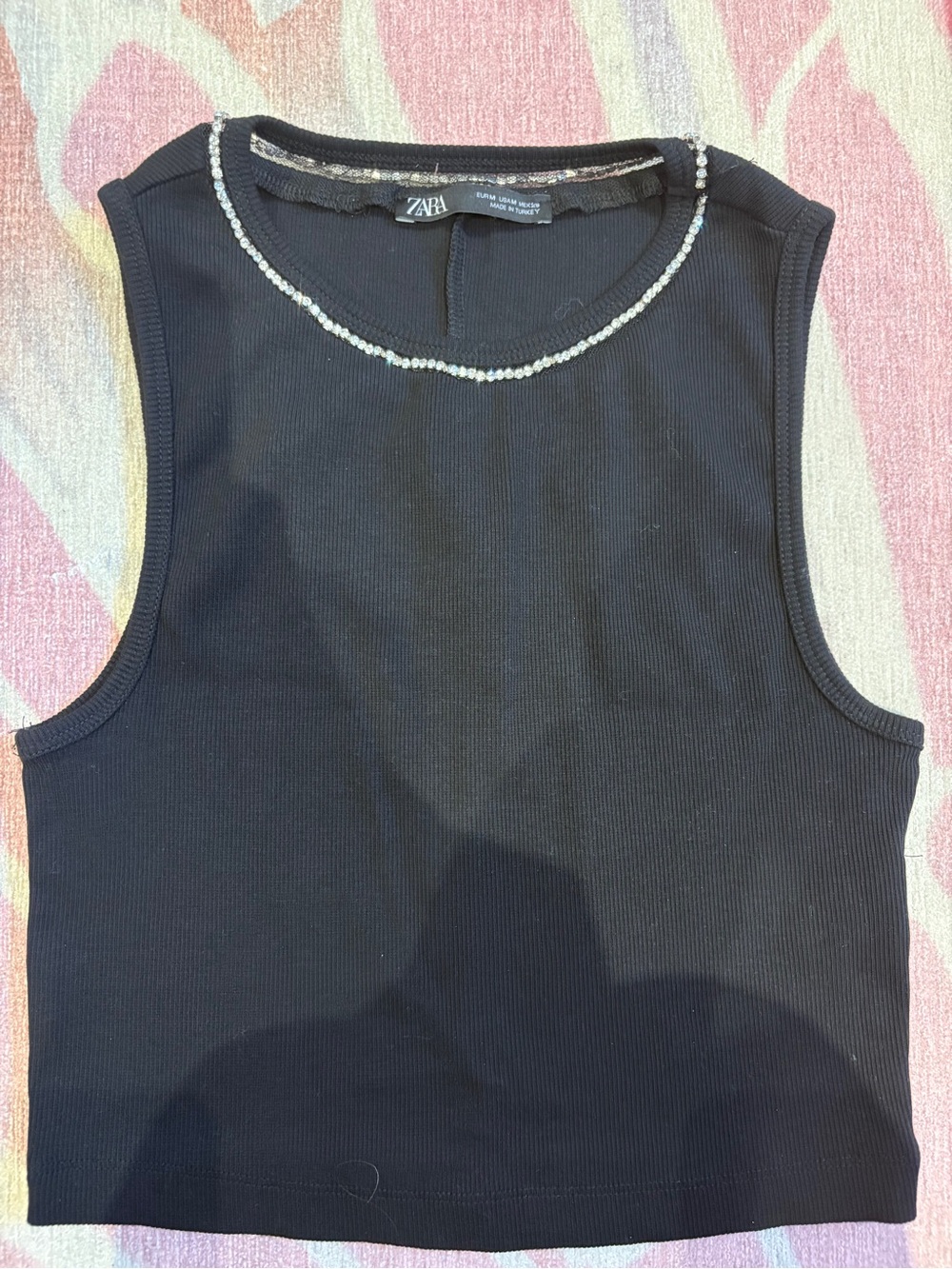 Zara Black Ribbed Tank Top with Beaded Neckline